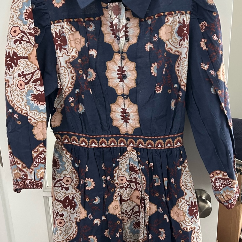 Cleobella Navy Floral Long Sleeve Maxi Dress with Pink and Brown Accents